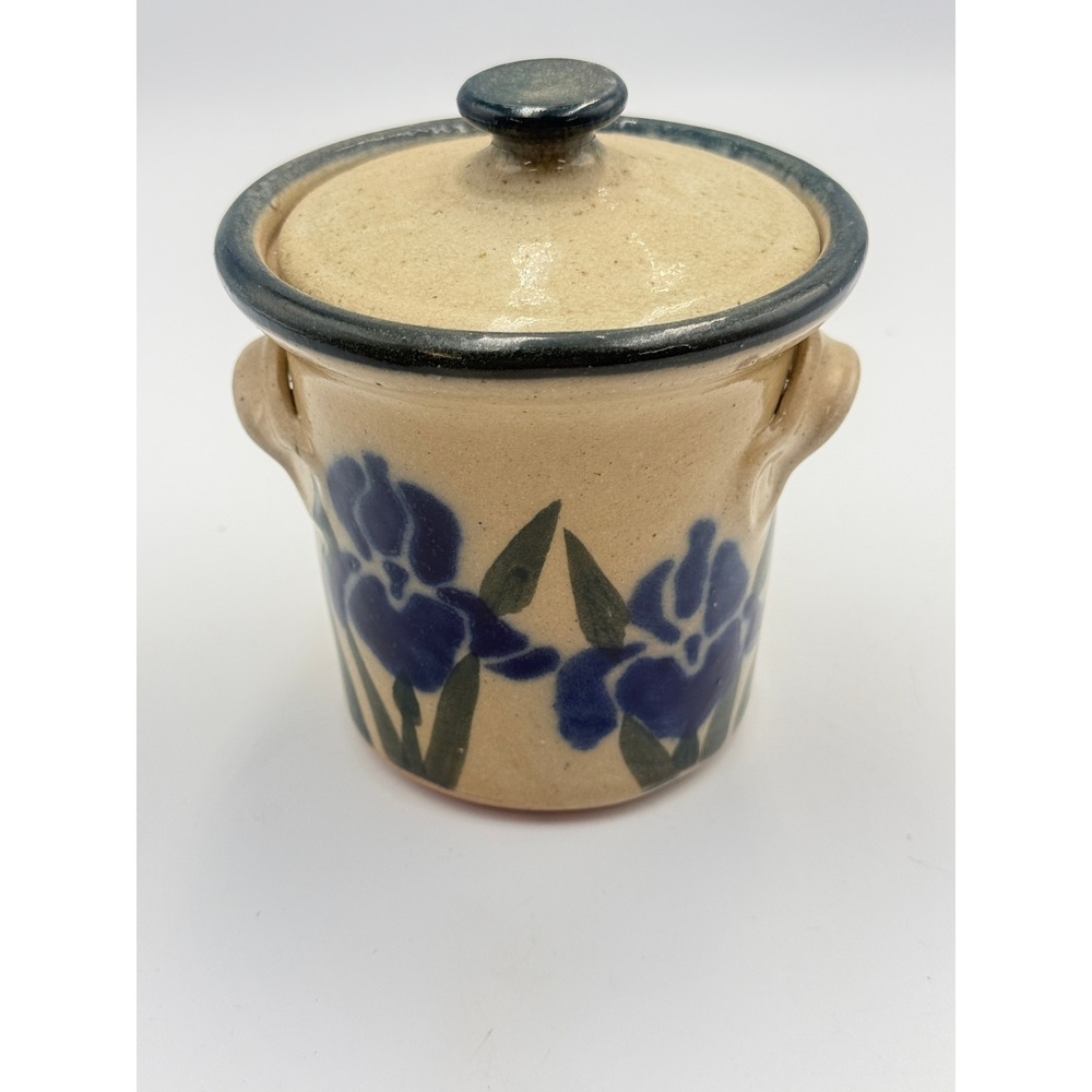 Monroe Salt Works Iris Covered Sugar Bowl Lid Blue Floral Maine Stoneware